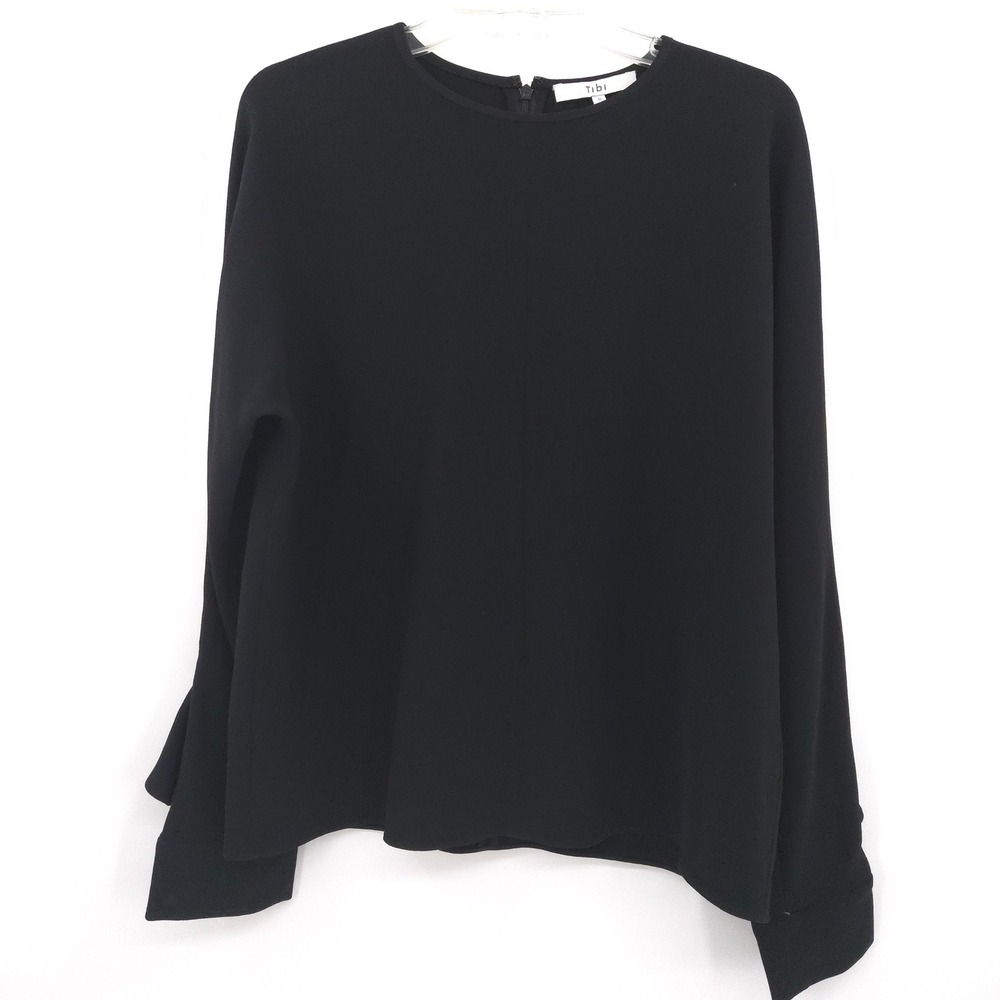 Tibi Ruffle Snap Sleeve Blouse Women Size S Black Structured Crepe Zip Back Top